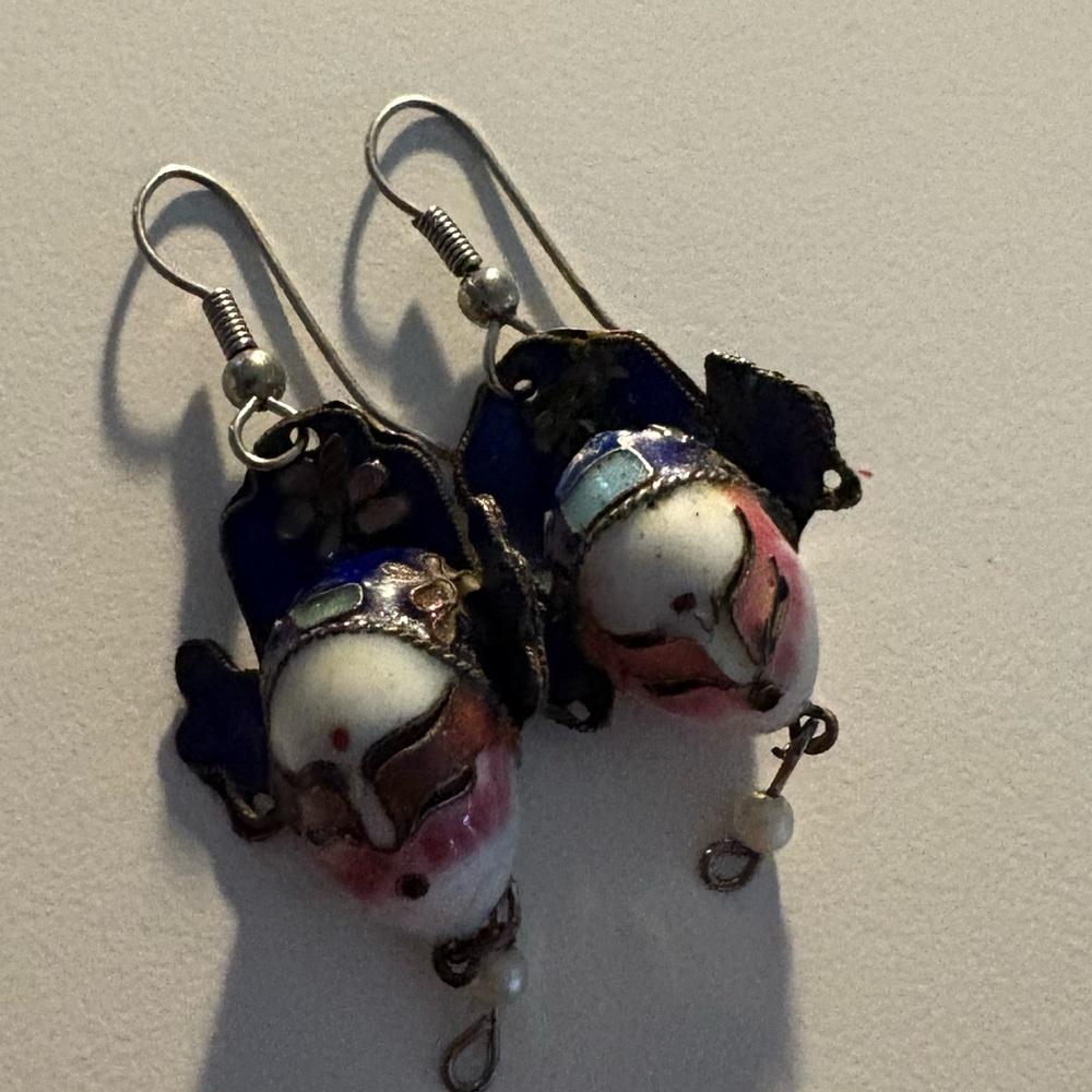 Vintage Porcelain Pink, White and purple/Blue Face Earrings - Picture 4 of 11